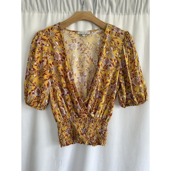 Cupcakes and Cashmere Smocked Floral Blouse Top Size XS Balloon Sleeve Yellow - Picture 1 of 7